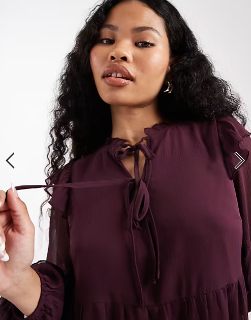 New Look Petite ruffle chiffon long sleeve mini dress in burgundy