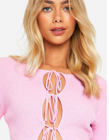 Boohoo Lightweight Rib Knit Tie Front Cardigan - baby pink