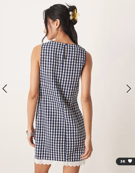 ASOS DESIGN slash neck mini sundress with sculpted bust and broderie hem in navy gingham