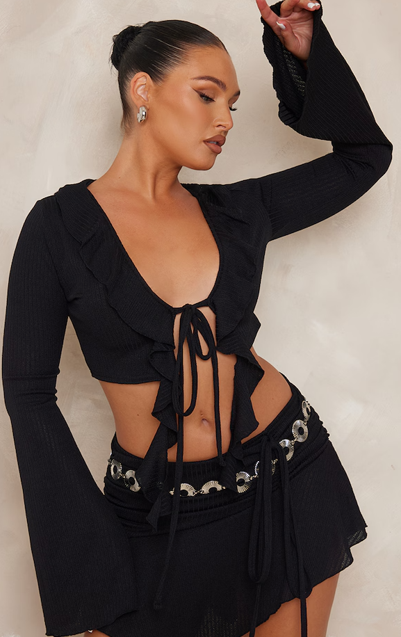 Black Textured Rib Ruffle Front Detail Crop Top