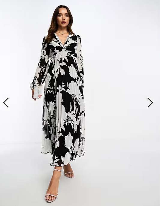 ASOS DESIGN pleated bodice plunge neck midi dress in mono floral print