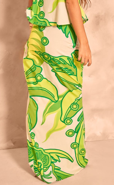 Green Printed Floral Fishtail Maxi Skirt