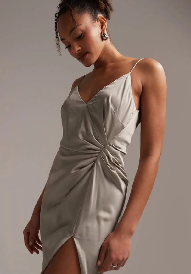 ASOS DESIGN Bridesmaid satin cami maxi dress with drape detail in sage green