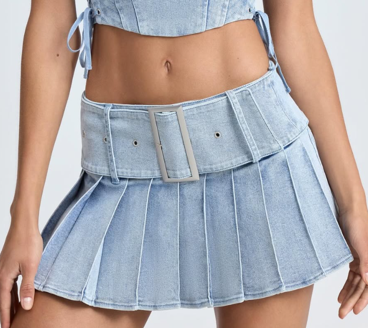 OhPolly-Belted Pleated Low-Rise Micro Mini Skirt in Light Blue Stonewash