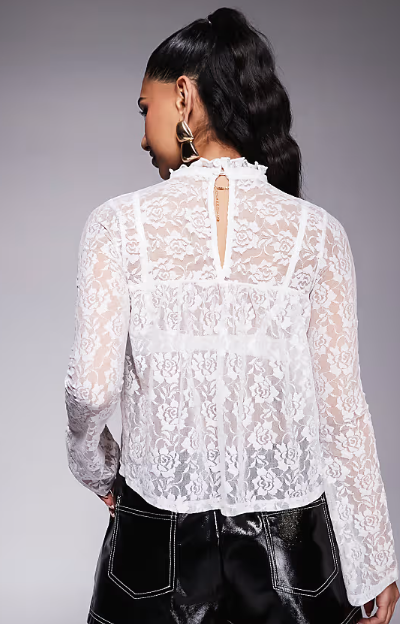 ASOS DESIGN lace babydoll long flute sleeve top with pie crust neck detail in cream