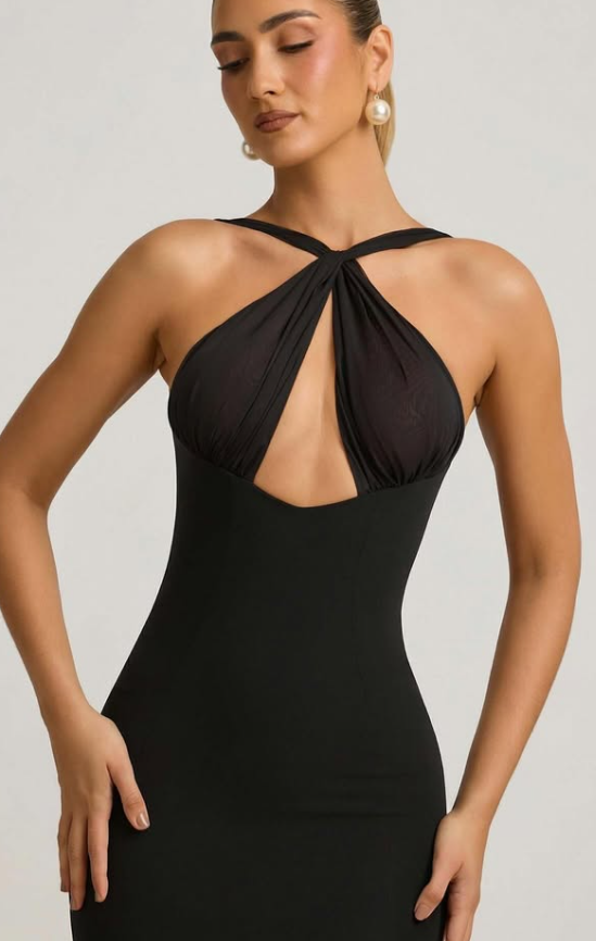 OhPolly-Pearl-Detail Halterneck Maxi Dress in Black