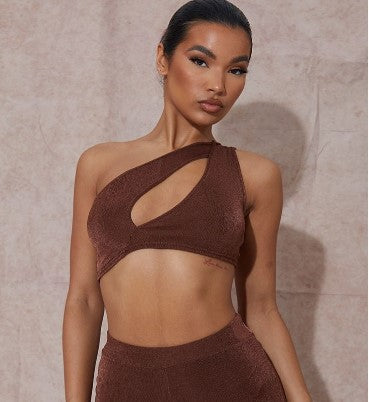 BROWN ACETATE SLINKY CUT OUT ONE SHOULDER CROP TOP