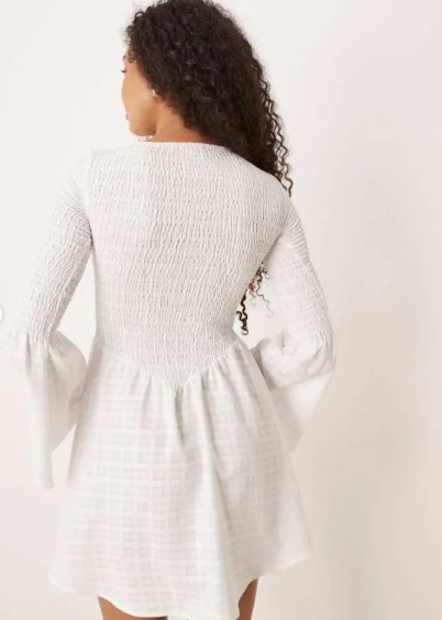ASOS DESIGN shirred angel sleeve mini dress in white