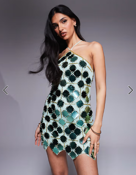 ASOS DESIGN grid embellished halter mini dress in green