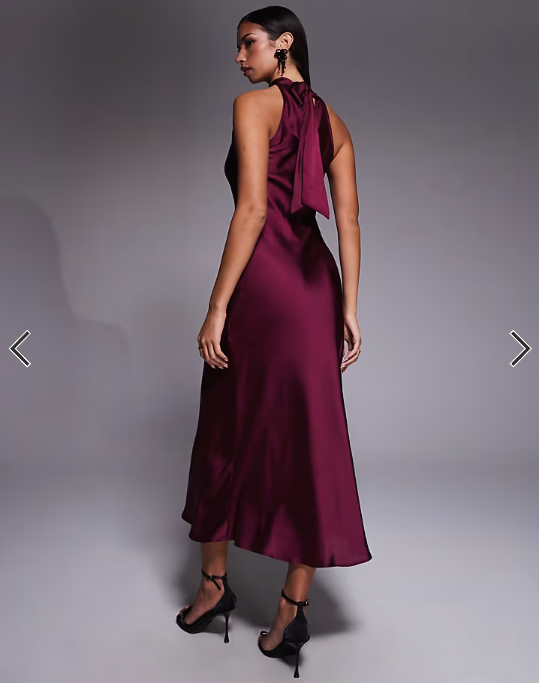 New Look satin corsage detail halterneck midi dress in burgundy