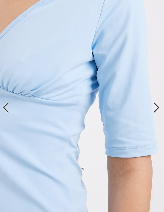 ASOS DESIGN polyamide short sleeve plunge neck top in blue