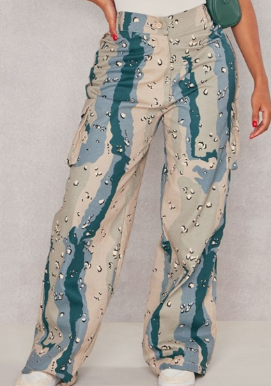 Plt - Shape Dark Grey Camo Print Pocket Detail Wide Leg Cargo Trousers