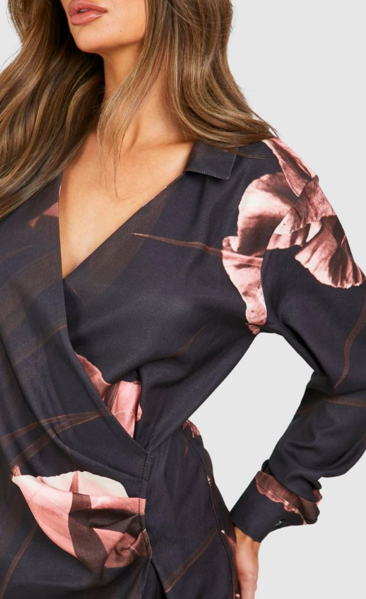 Boohoo -Dark Floral Satin Wrap Shirt Dress - black