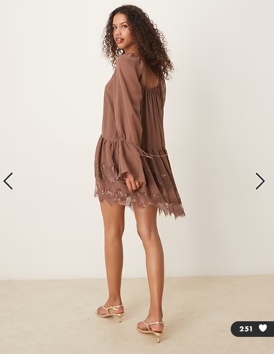 ASOS DESIGN long sleeve sweetheart neckline frilly mini dress in mocha