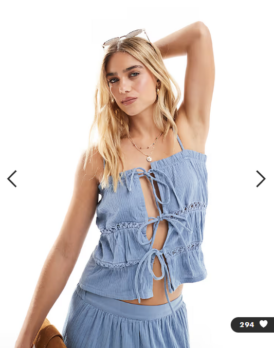 Esmee Exclusive tie front tiered beach crop top in blue