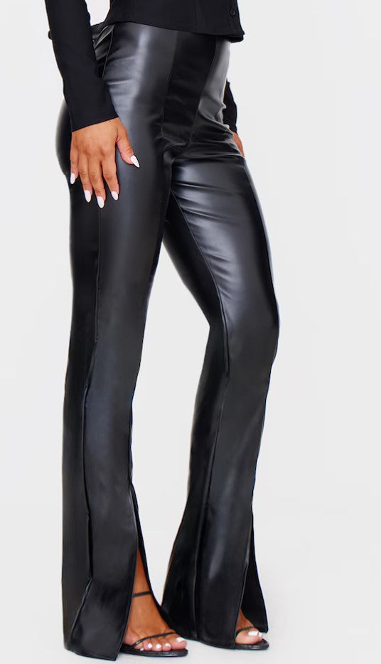 Black Faux Leather Seam Detail Split Hem Trousers