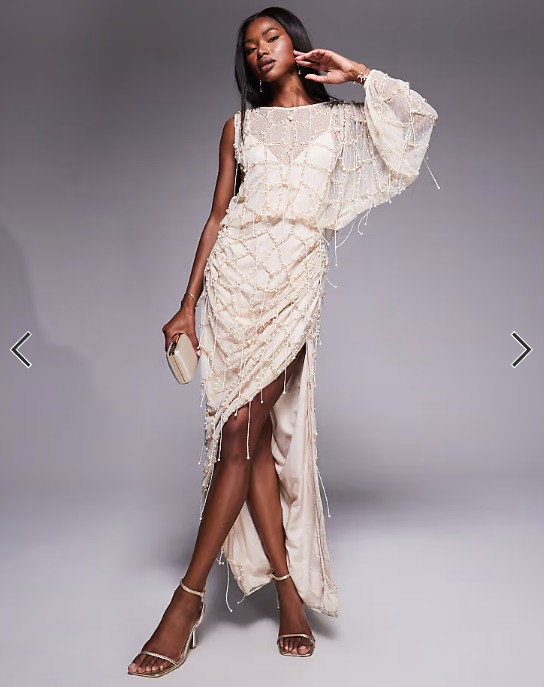 ASOS DESIGN pearl and fringe embellished drape maxi dress in cream