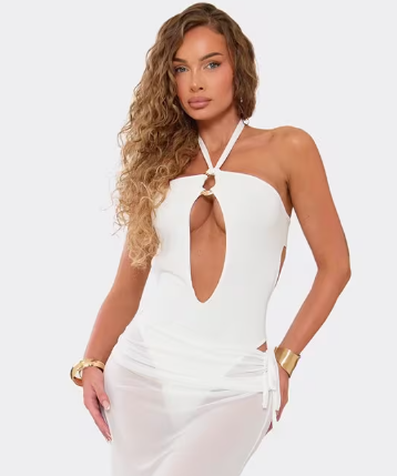 Ego - Keyhole Cut Out Trim Detail High Leg Swimsuit In White