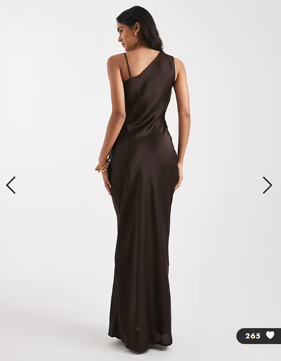 Vero Moda asymmetric shoulder detail ruched satin maxi dress in chocolate