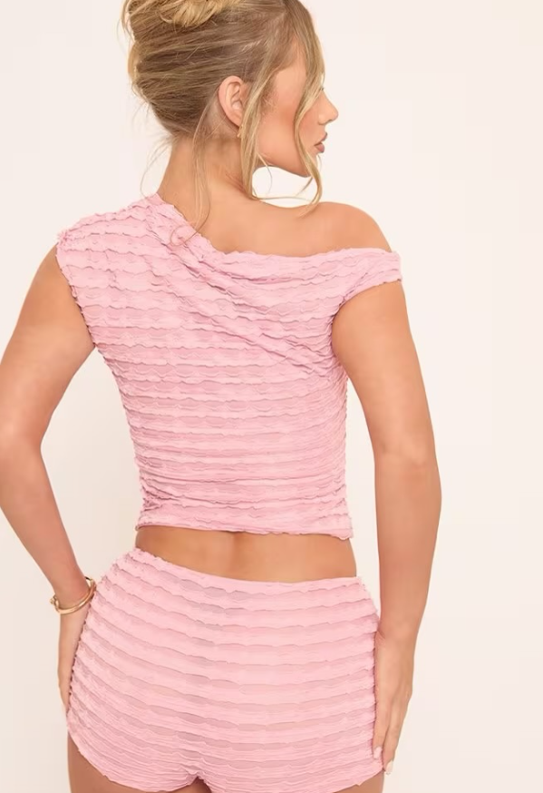 Ego -One Shoulder Asymmetric Top And Booty Shorts Co-Ord Set In Pink Texture SET