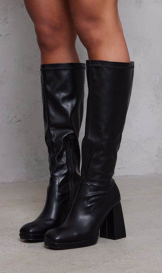 Black Wide Fit Slight Platform High Block Heeled Knee Boots