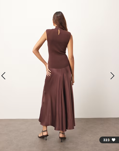 ARRANGE knit dropped waist midi dress with satin skirt in chocolate
