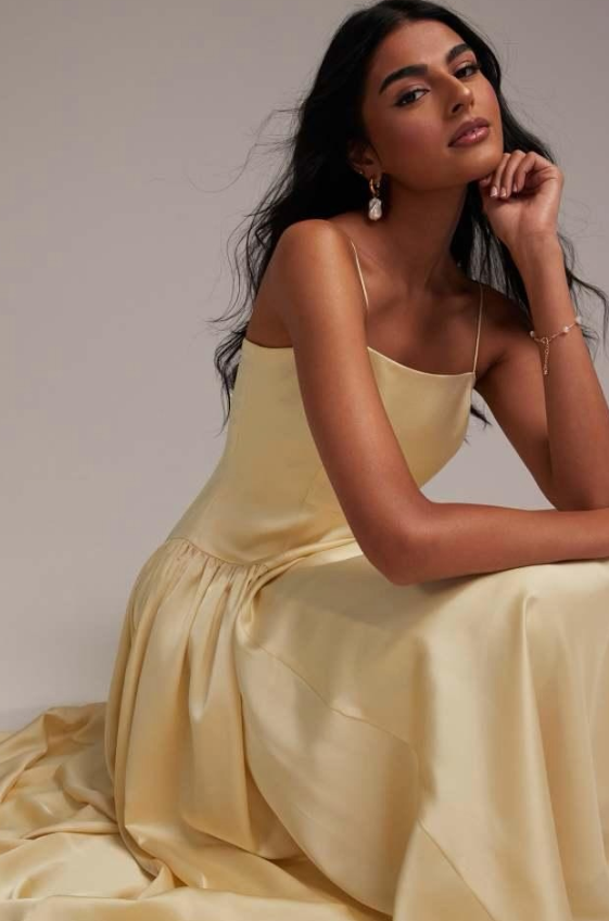 ASOS DESIGN Bridesmaids drop waist tie detail cami midaxi dress in soft yellow
