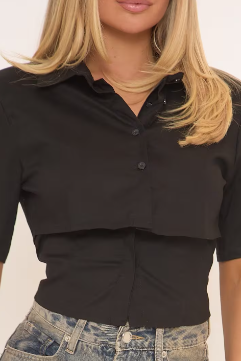 Ego - Short Sleeve Fitted Waist Shirt In Black