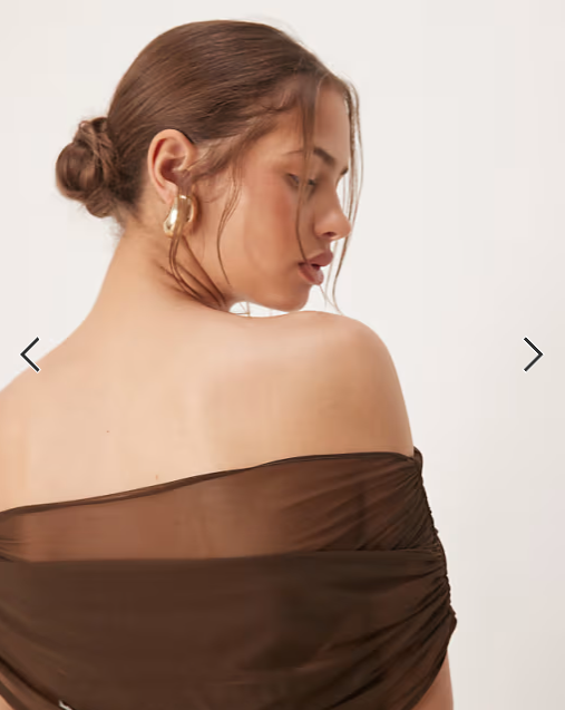 Six Stories off shoulder mesh satin midaxi dress in chocolate
