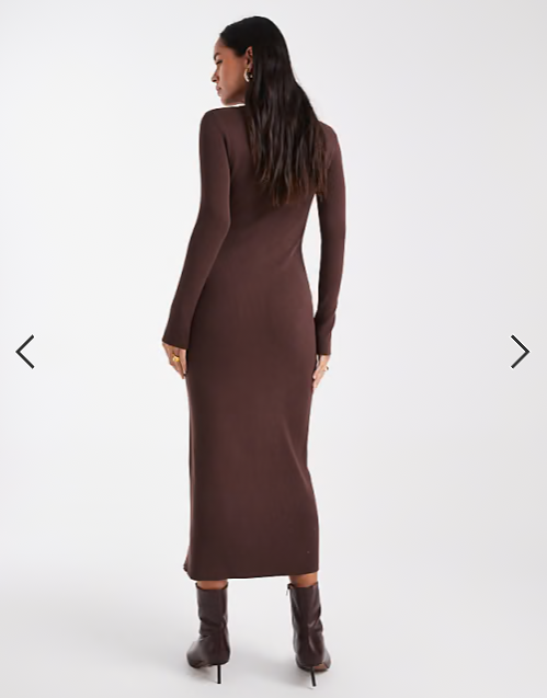 4th & Reckless ribbed knit gold button through collared maxi dress in chocolate
