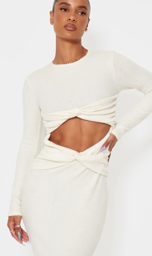 Cream Brushed Rib Cut Out Detail Maxi Dress