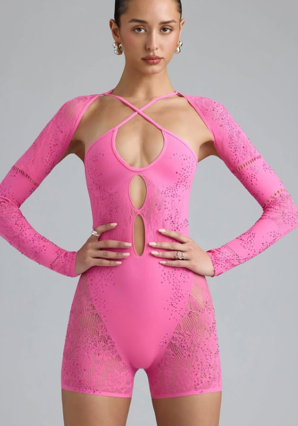 OhPolly - Melody Embellished Cut-Out Unitard in Bubblegum Pink