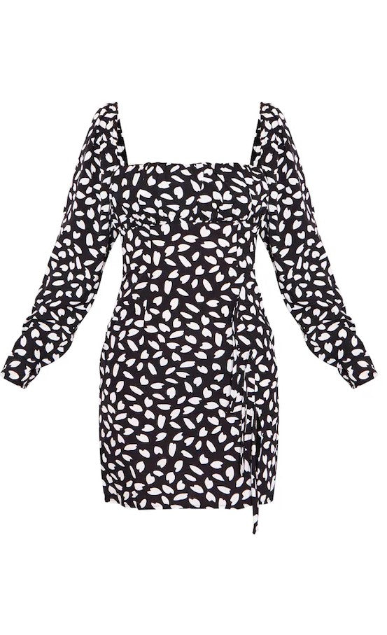 Black Dalmatian Print Bow Detail Side Split Bodycon Dress