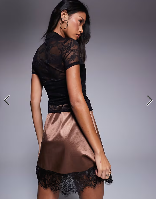 ASOS DESIGN fitted short sleeve lace top with rouleau loop button detail in black