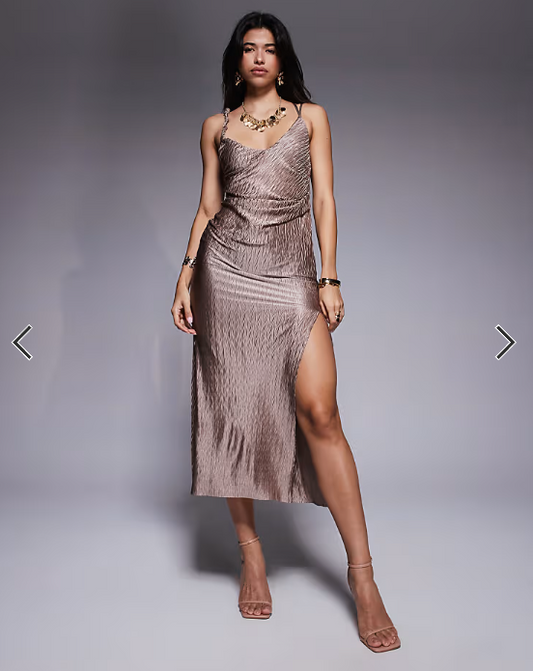 ASOS DESIGN chevron pleat plunge midi with bubble straps in mocha