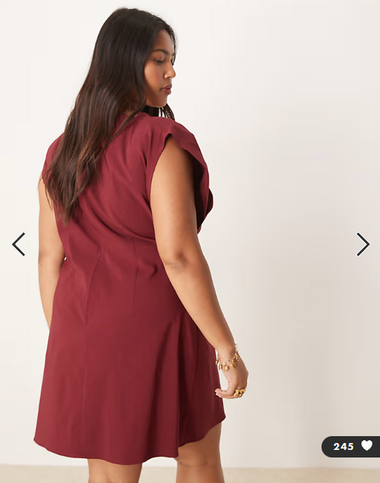 ASOS DESIGN Curve high neck pleated bengaline mini dress in Burgundy