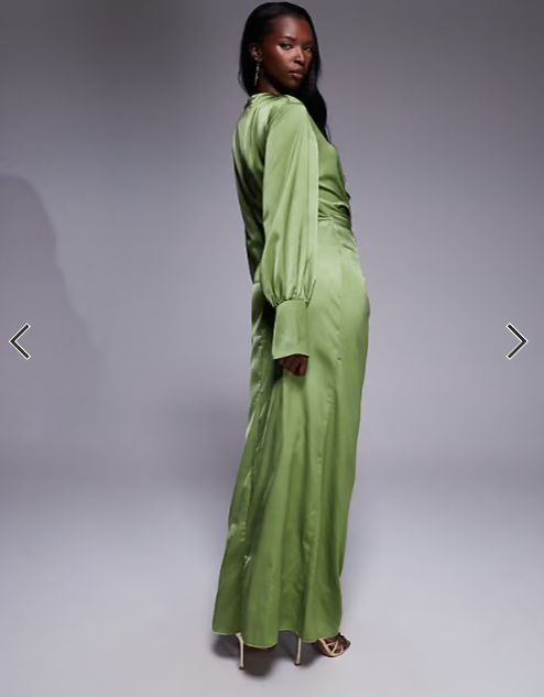 ASOS DESIGN twist front bias satin maxi dress with gold hardware in olive green