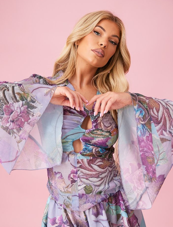 Lilac Floral Print Chiffon Ruched Tie Front Fitted Blouse