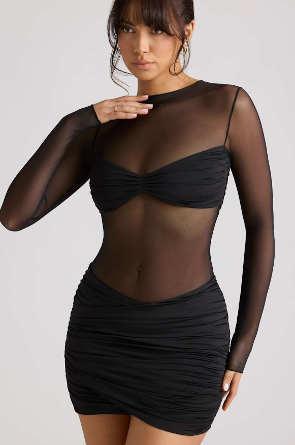 OhPolly-Sheer Panelled Long Sleeve Mini Dress in Black