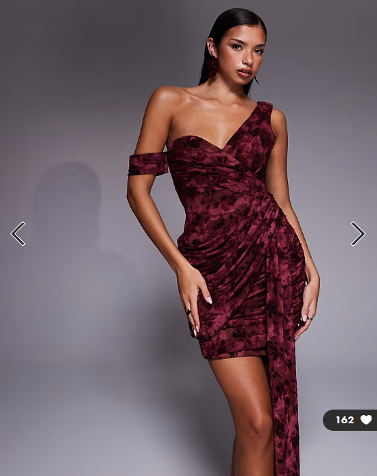 JLUXLABEL Soiree off shoulder draped mini dress in burgundy floral
