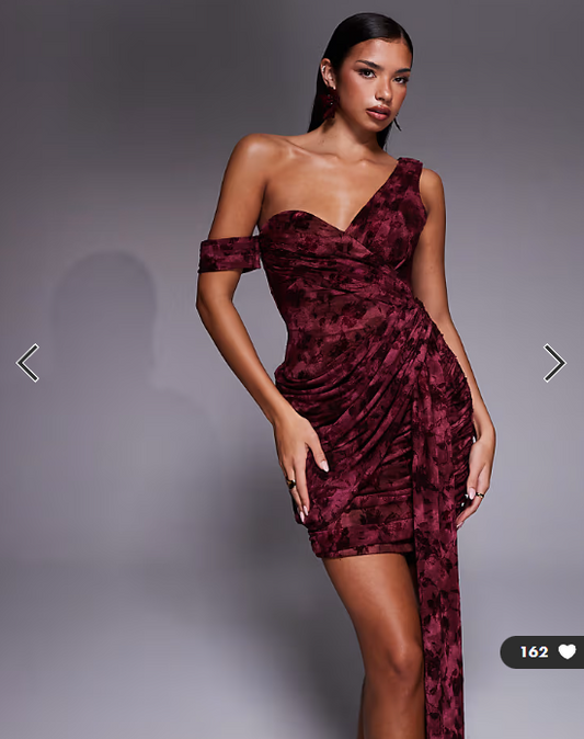 JLUXLABEL Soiree off shoulder draped mini dress in burgundy floral
