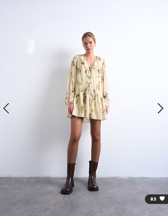 Topshop poet sleeve frill mini dress in green floral print