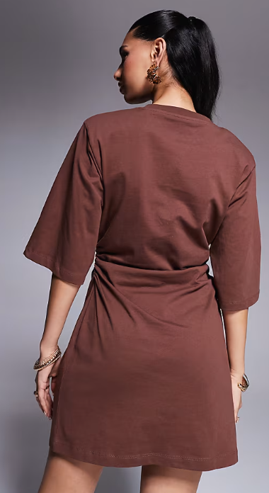 ASOS DESIGN cinched t-shirt mini dress with shoulder pads in brown