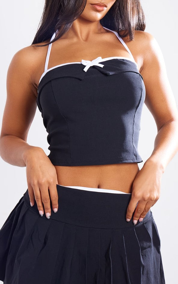 Black Stretch Woven Halterneck Contrast Binding Long Top