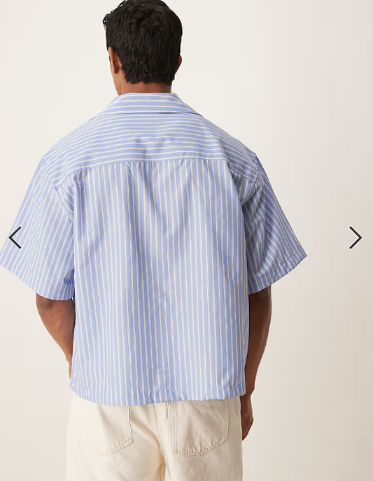 ASOS DESIGN boxy oversized revere shirt with embroidery in blue and white stripe