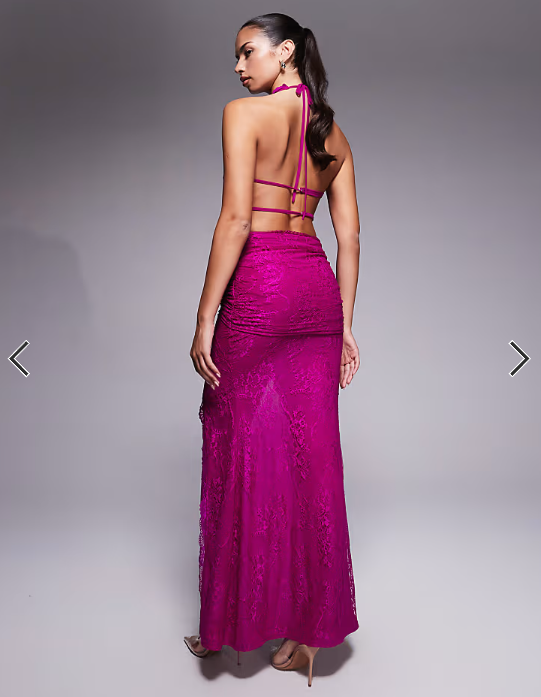 Murci exclusive lace halterneck deep plunge front split maxi dress in cerise