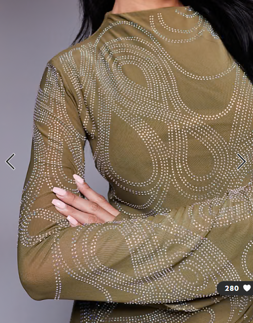 ASOS DESIGN embellished artwork hotfix long sleeve maxi dress with ruched skirt in dark olive green