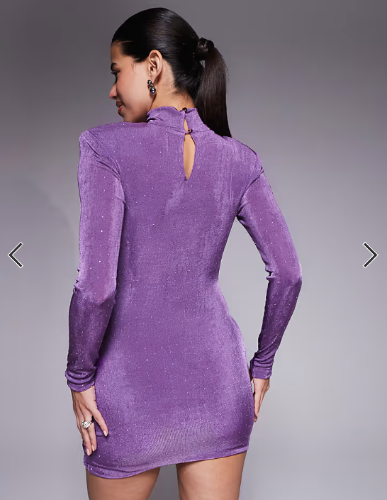 Ruched & Ready removable shoulder pad detail choker cowl neck sculpting hotfix mini dress in purple