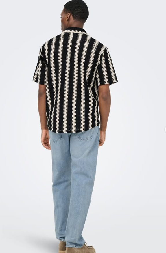 ONSDANI CROCHET SS SHIRT NOOS - Shirt - black stripes/cloud dancer