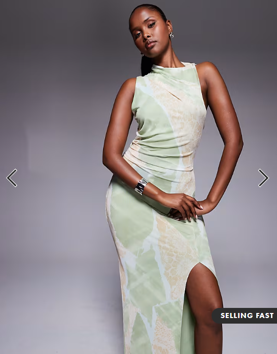 ASOS DESIGN seamed ruched shoulder pad printed mesh midi